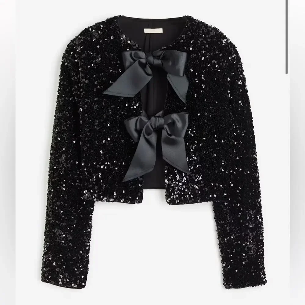 H&M Black TIE-FRONT SEQUINED JACKET - Picture 1 of 12